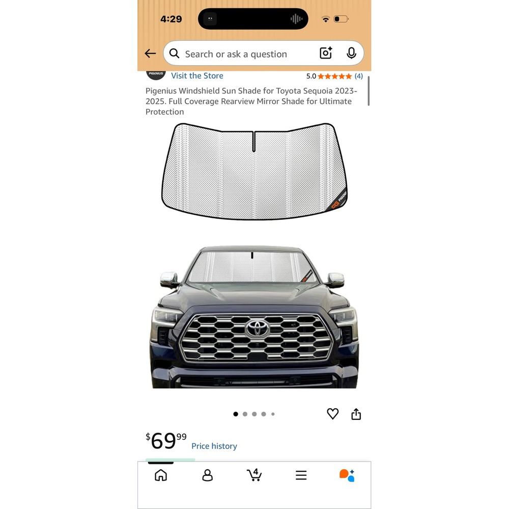 Pigenius Windshield Sun Shade for Toyota Sequoia 2023-2025 Custom Fit UV Blocker
